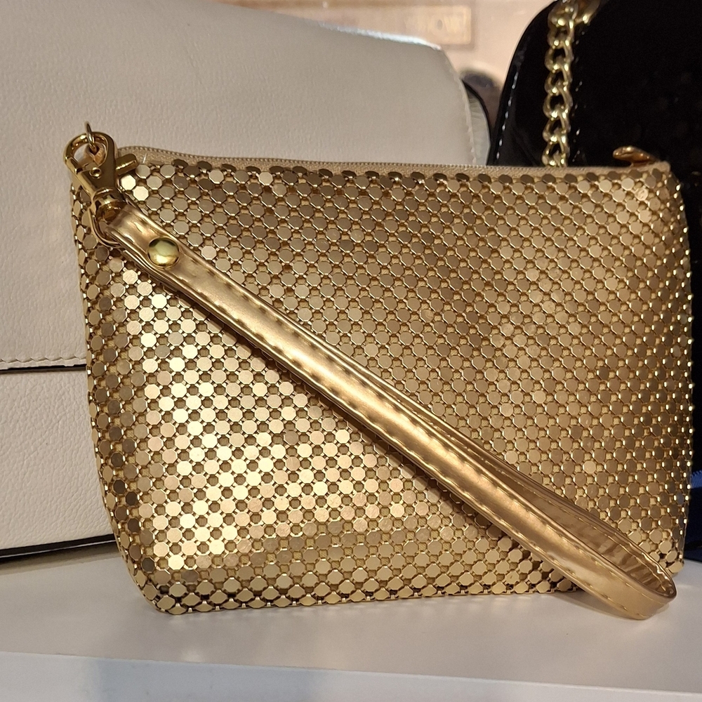 Gold Metallic Mesh Wristlet Clutch - Women Bags